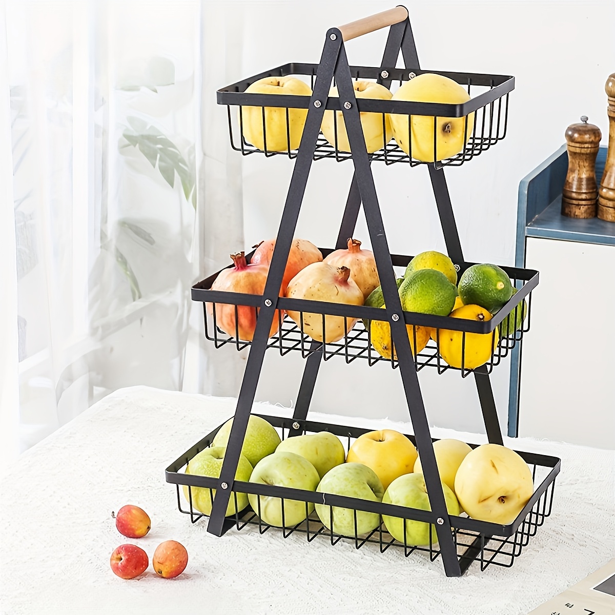 TEMU Triple Countertop Fruit Basket, Bread Basket, Vegetable Rack, Kitchen Shelf, Convenient Storage Removable Wooden Carrying Basket, Living Room Kitchen Bathroom Storage Basket Shelf