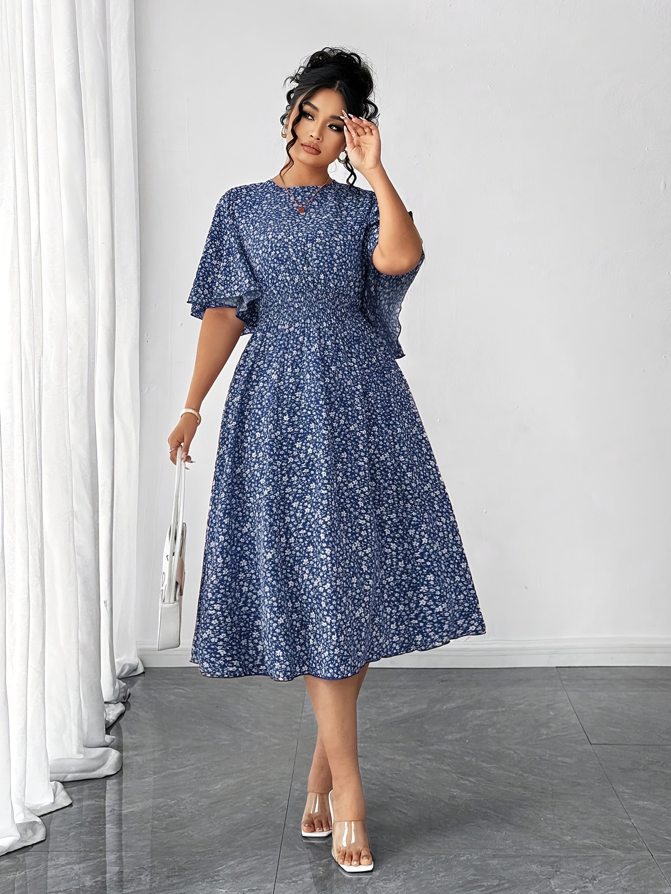 Plus Size - Plus Size - Plus Size Women * Floral Print Crew Neck Ruffle  Sleeve A-Line Maxi Dress, Elegant Outdoor Wear for Vacation Travel And  Festive Occasions