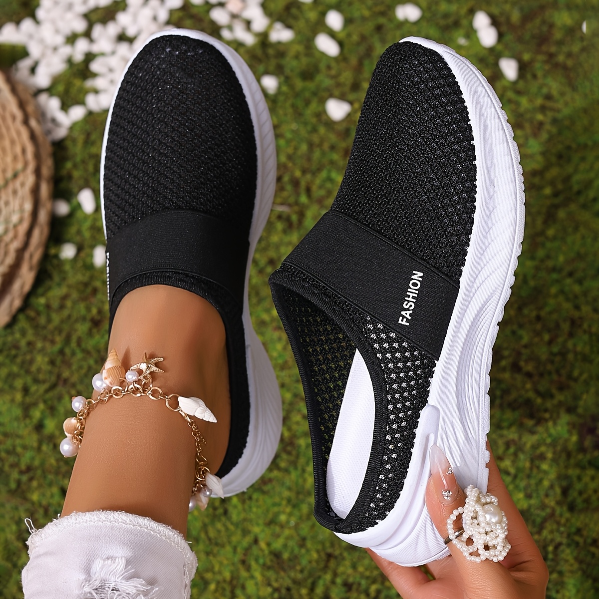 Image of White Women's Casual Slip-on Sneakers, /summer Beach Vacation , Large Size Women's Shoes With Elastic Upper, Breathable And Comfortable, Women Shoes