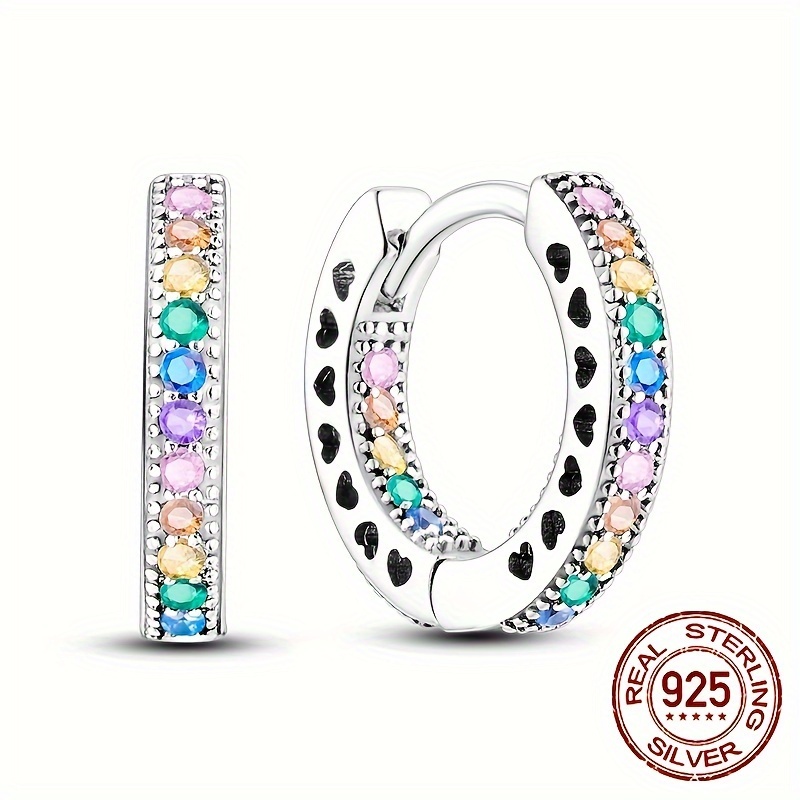 

1pair 925 Sterling Silvery Inside And Outside Double Colored Design Ear Stud Hoop Earrings Hypoallergenic Embellished With Zirconia Elegant Female Earrings