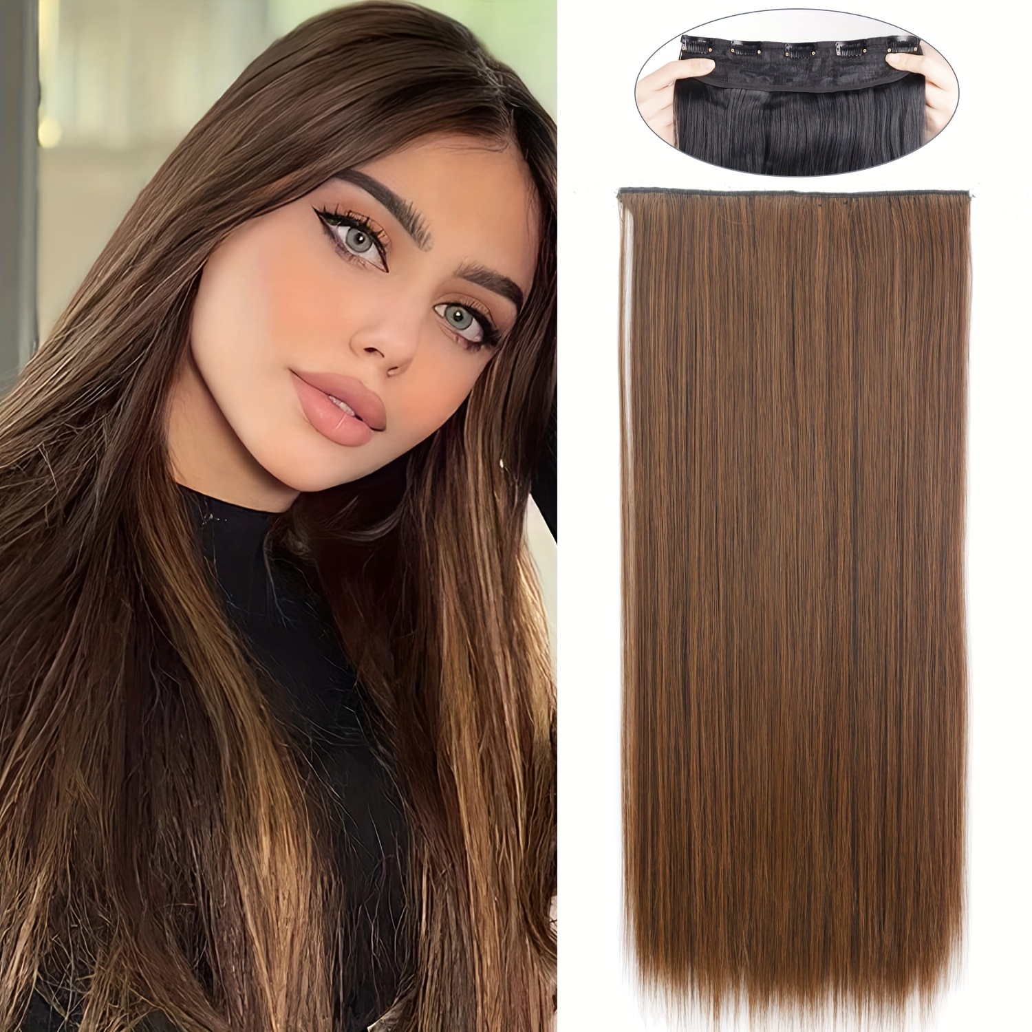 long straight hair pieces synthetic clip in hair extensions Temu