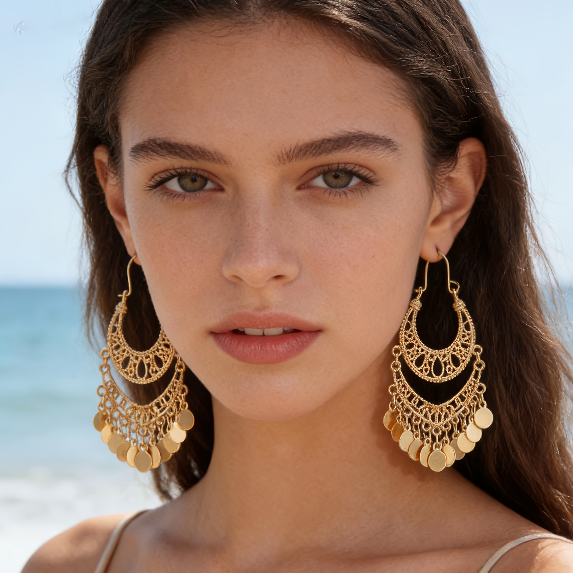 TEMU 1 Paire de Boucles d'Oreilles à Pendentif Croissant Creux en Métal Style Ethnique Personnalisé, Pièce Ronde, Boucles d'Oreilles à Pendentif à