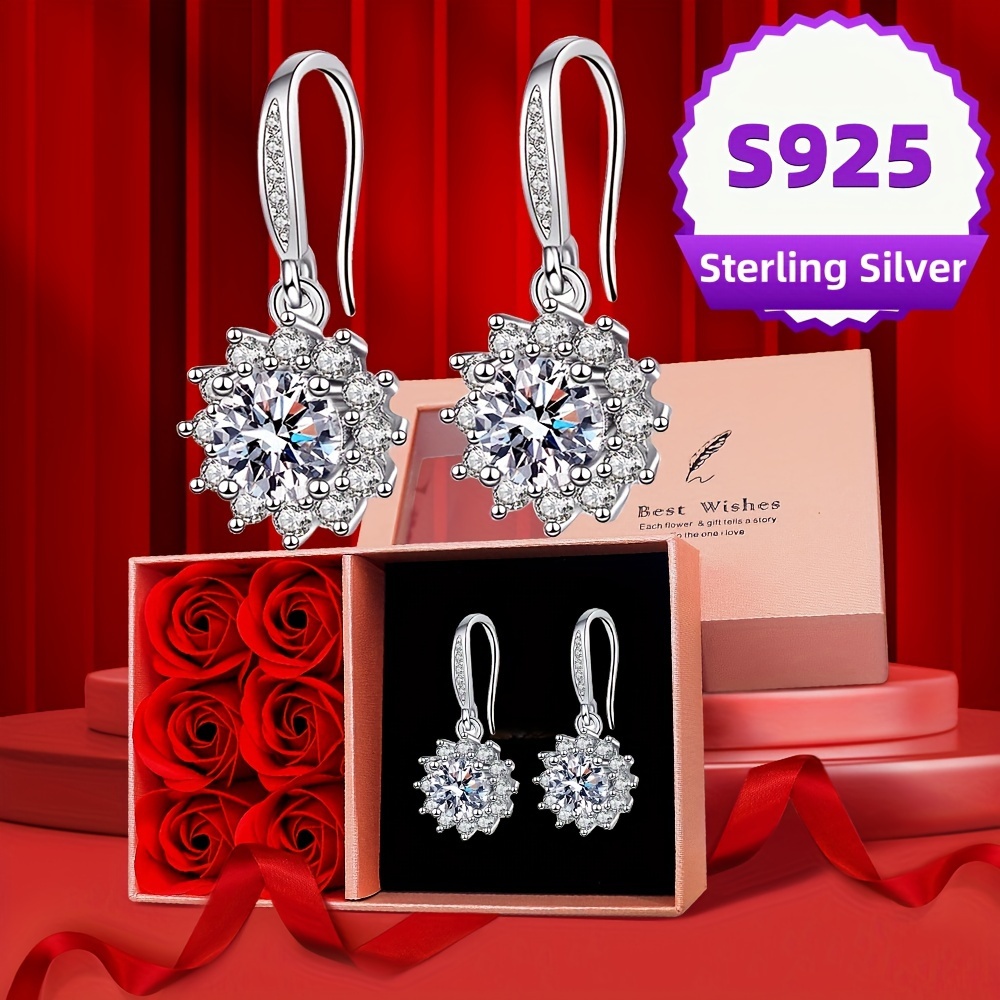 

925 Sterling Silver Moissanite Sunflower Pendant Earrings With Gift Box, Feminine Hypoallergenic Elegance - Delicate Earrings, Perfect Jewelry Gift To Women And Girls On Any Occasion