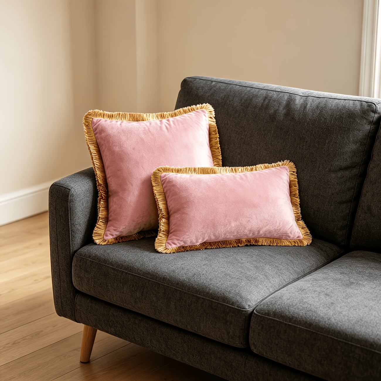 TEMU de almohada de terciopelo rosa con borlas doradas, combinación de tamaños , lavable a máquina, con cierre de cremallera, adecuada para sofá de ,