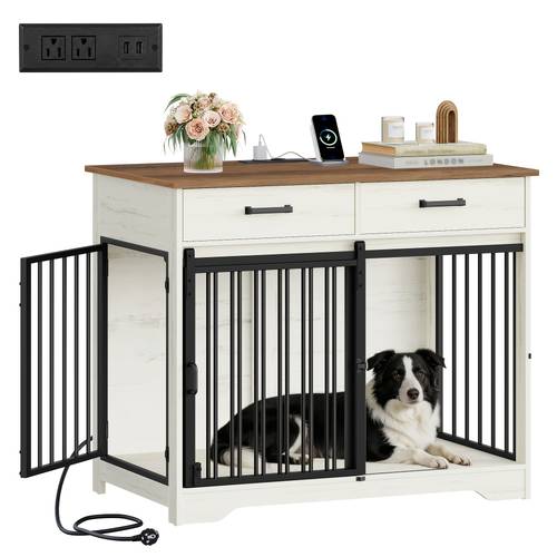 38 2 dog crate furniture with charging station barn door dog kennel indoor with 2 storage drawers wooden pet cage end side table for medium large dogs chew proof black