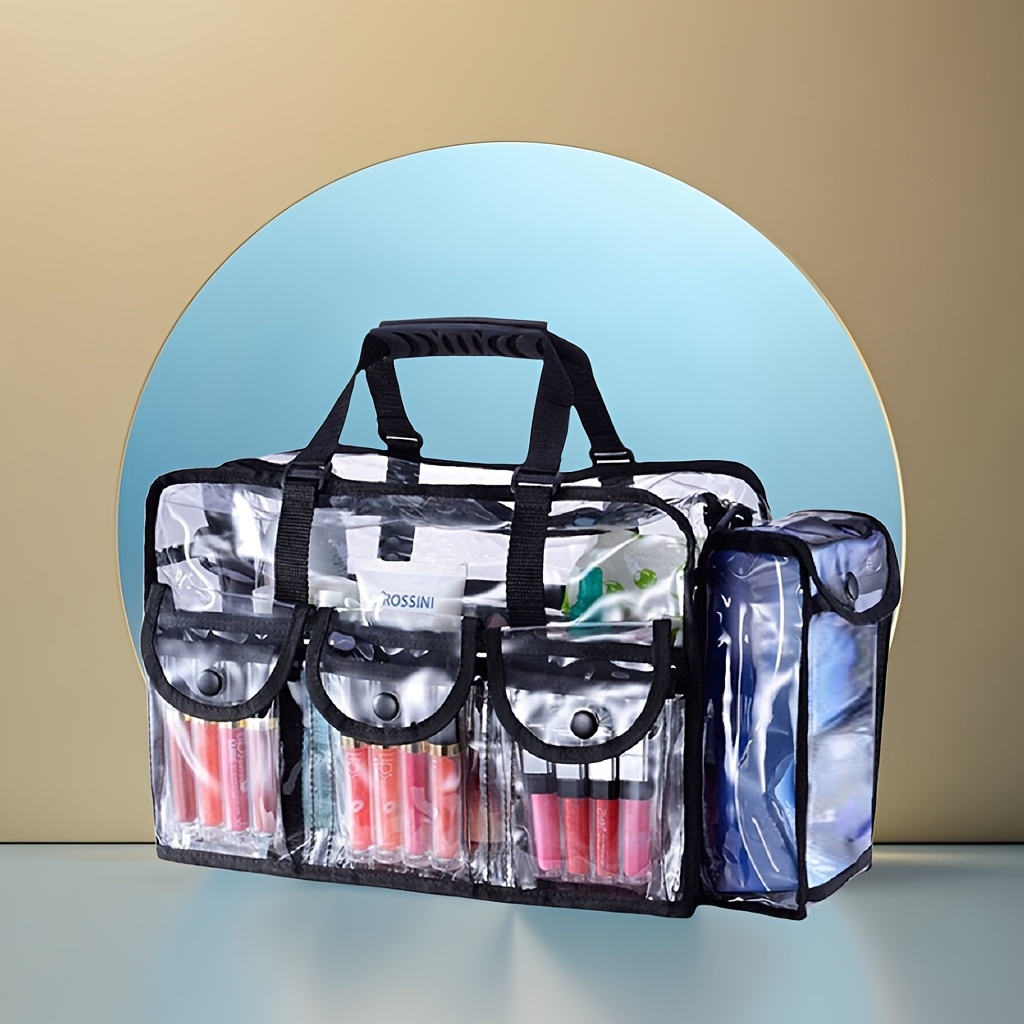 TEMU 1-pack Upgraded Pvc Clear Travel Storage Bag - Extra Large Toiletry Bag With Dual Straps, 3 External Pockets + Side Tissue Compartment, Perfect