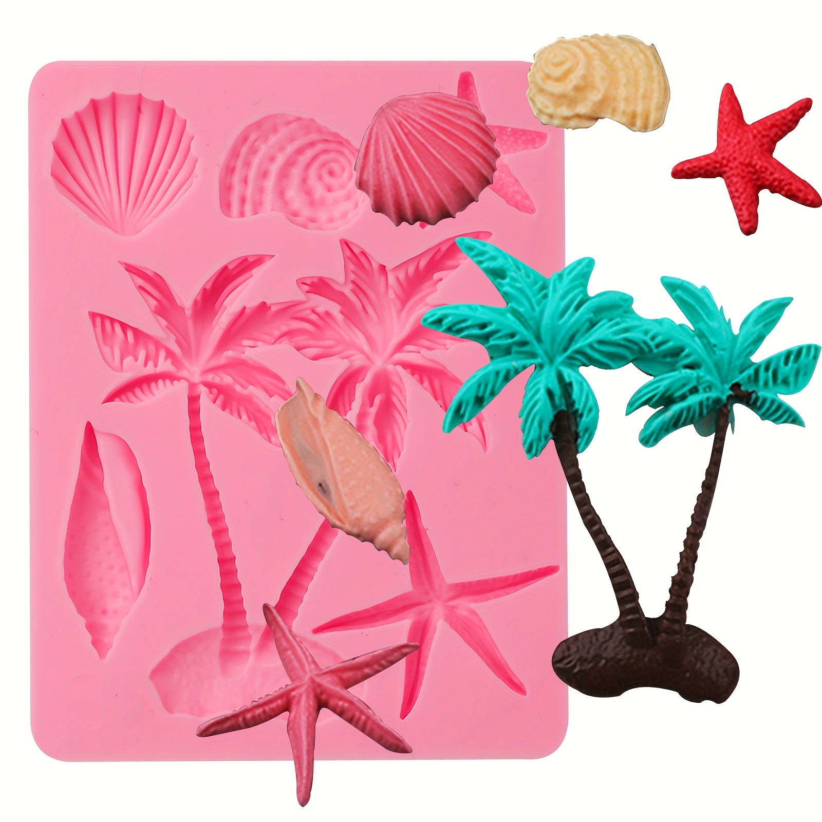 Image of Tropical Paradise Silicone Mold: Perfect For Summer Parties - Includes Coconut Trees, Starfish, And Shells - Suitable For Candies, Cupcakes, Gummies, Chocolates, Clay, And Resin Crafts