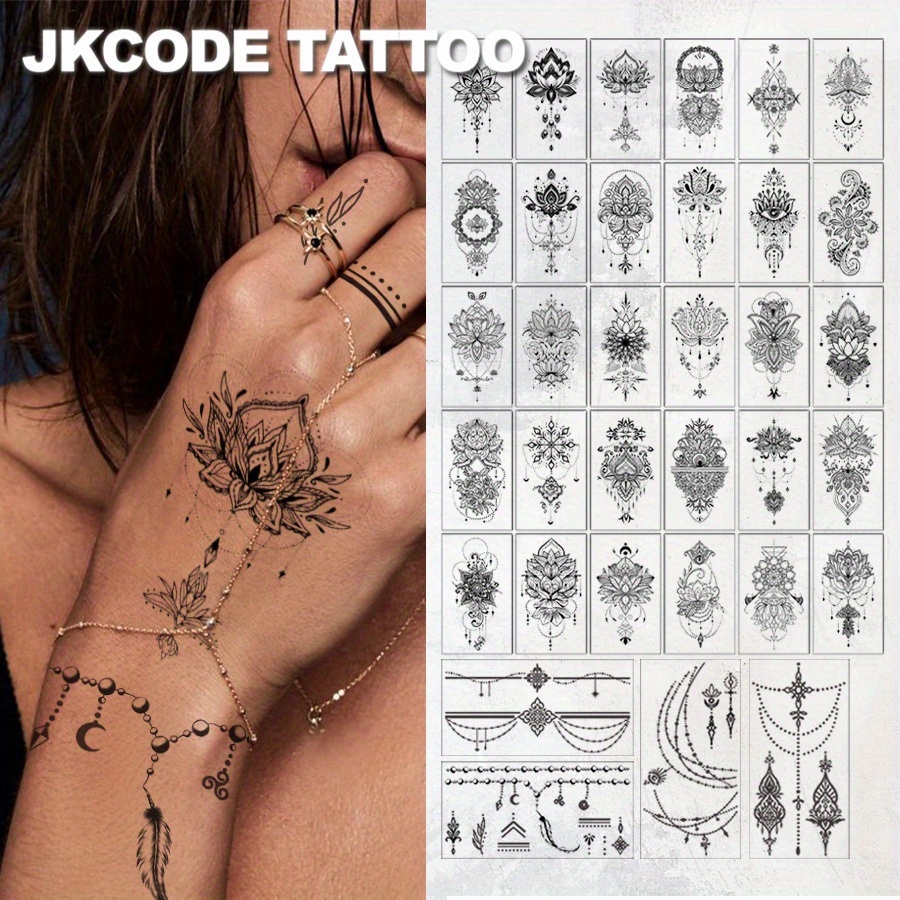 Image of 34pcs Waterproof Lotus Tattoo Stickers, Elegant Lotus Bracelet Finger Hand Ankle Tattoo, Tattoo Stickers Body Art Temporary Tattoos For Woman