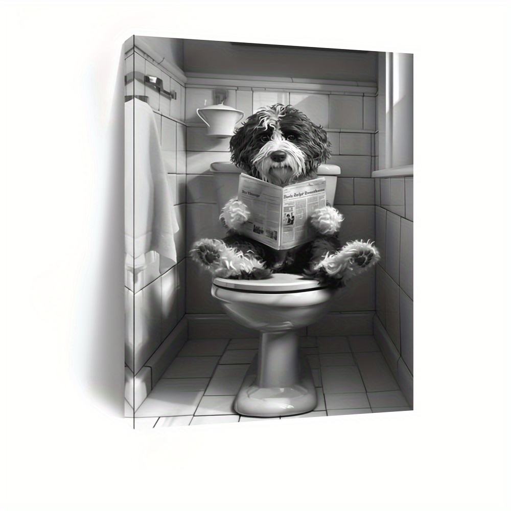 

Bernedoodle On The Toilet - Humorous Canvas , Vintage Bathroom Decor, , Ready To Hang