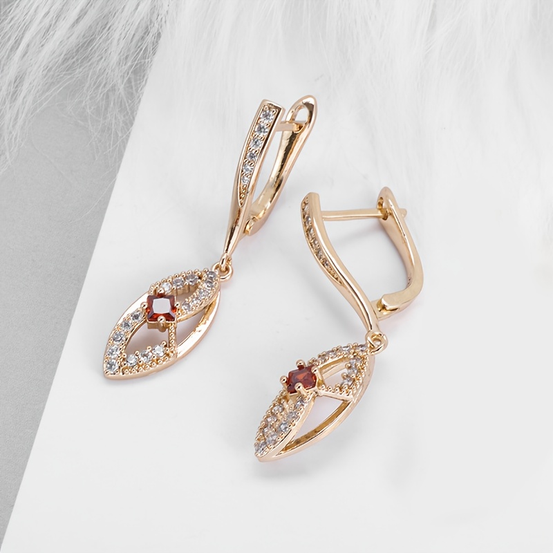 Women's Long Copper Earrings with Red Synthetic Zirconia