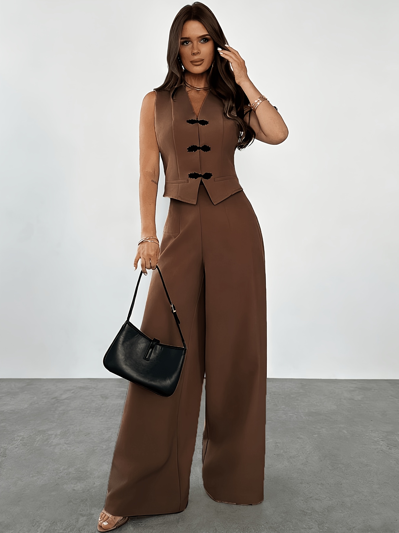 womens 2pcs elegant minimalist v neck contrast button short tank top and high waist wide leg pants set suitable for daily   and casual wear graduation gift teacher outfit spring summer back to