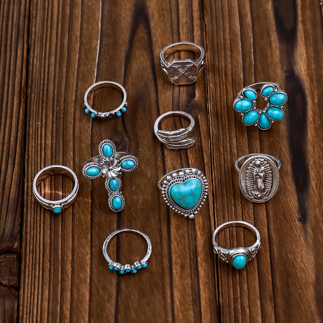 10pcs Alloy Imitation Turquoise Inlaid Stacked Ring Set