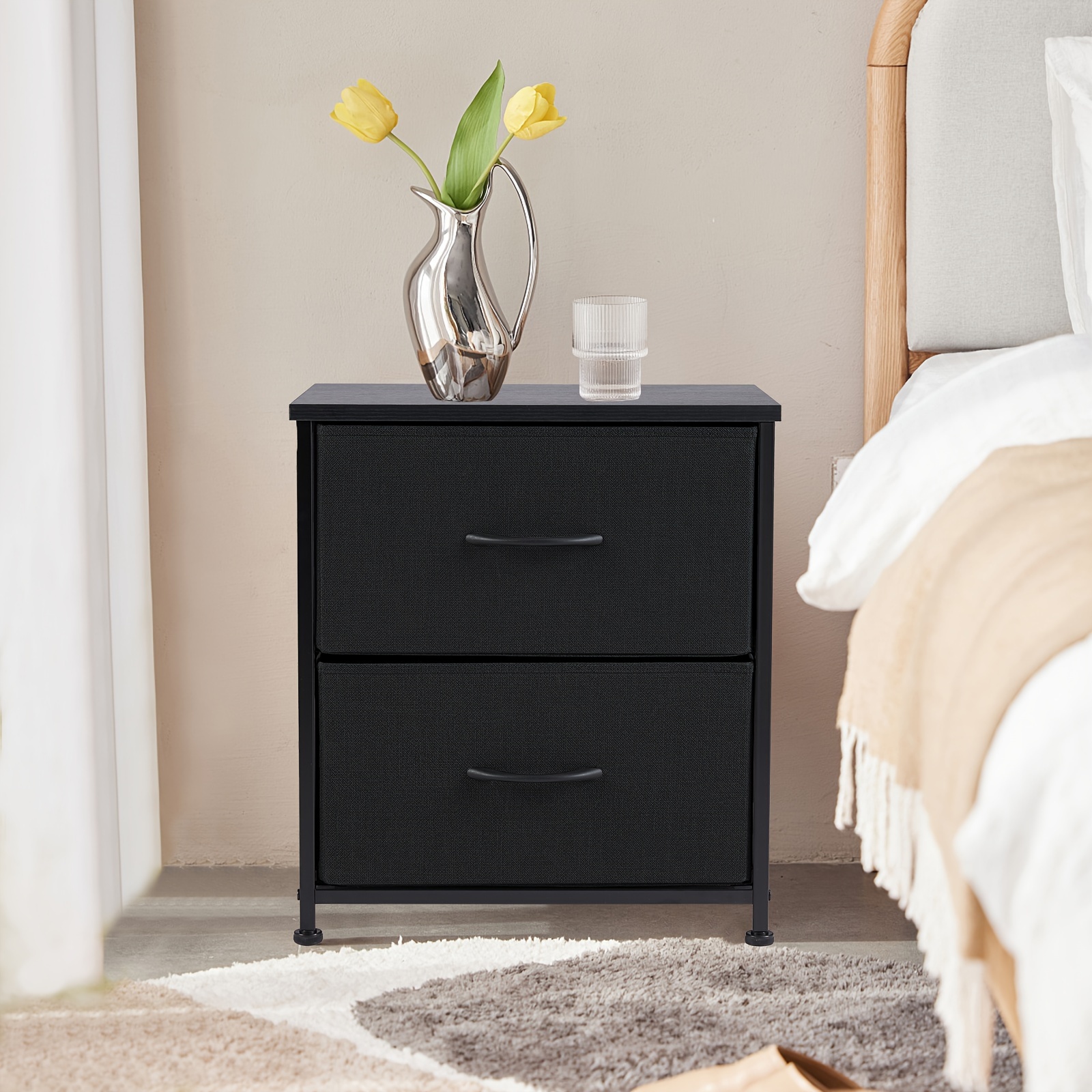 

Nightstands With 2 Fabric Storage Drawers End Table, Bed Side Furniture, Wooden Top Mini Dresser For Bedroom, Living Room, Closet, Entryway, College Dorm