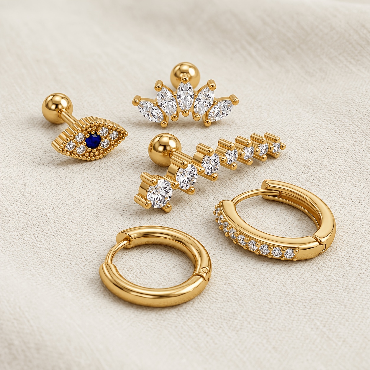 TEMU 5pcs 316l Stainless Steel Earring Set, 18k Golden Plated Hypoallergenic Cz Pave Huggie Hoop Earrings, Evil Eye Studs And Cartilage Earrings,