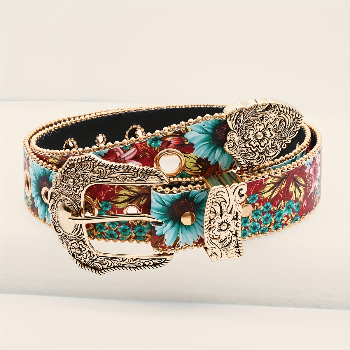 E-shop Gürtel im Western-Stil mit Blumendruck Vintage-Metallschnalle, Retro-Boho-Breitgürtel für Damen, modischer Statement-Gürtel für Jeans Kleider