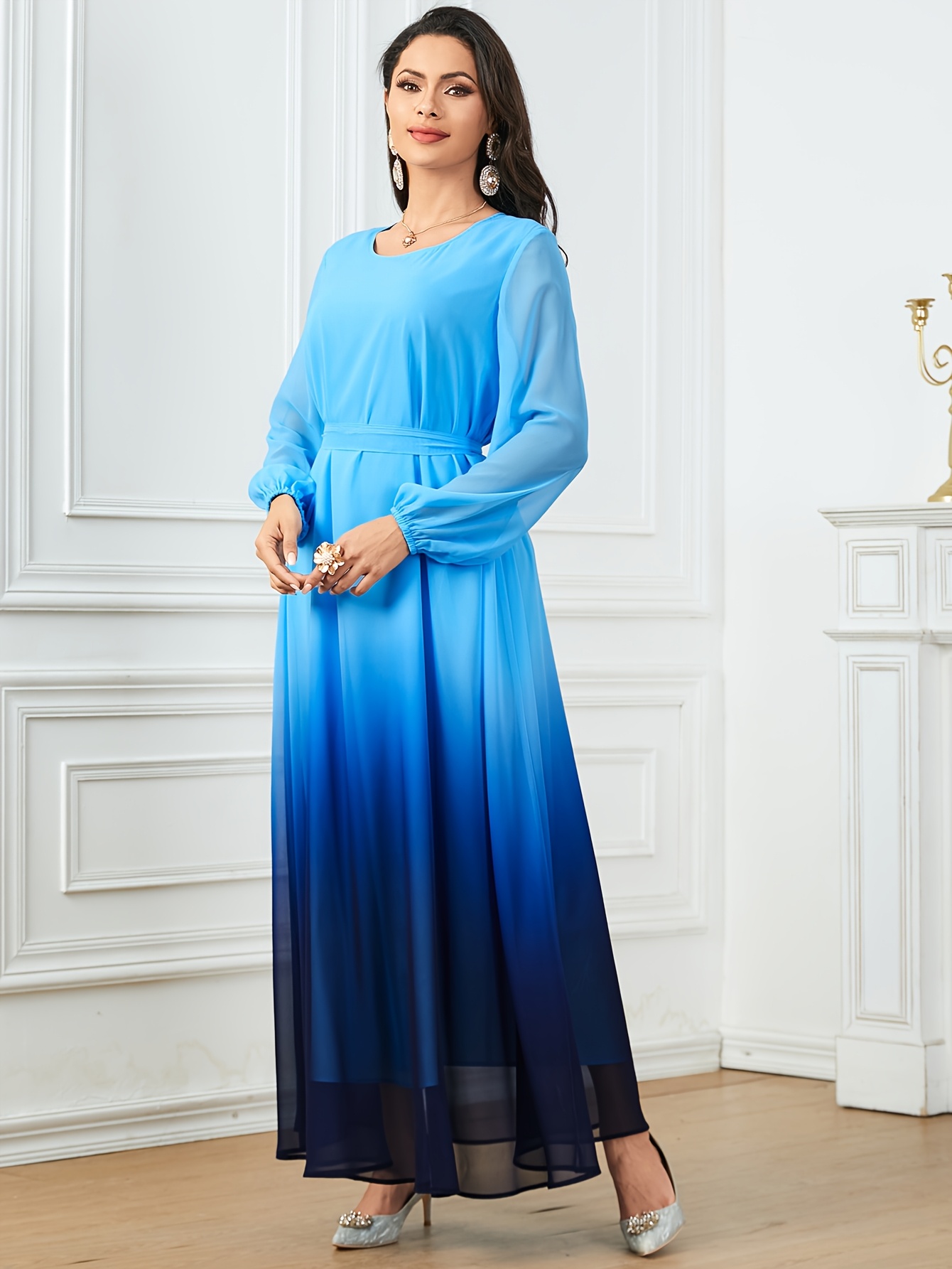 gradient ombre maxi dress bell sleeves adjustable line - Temu