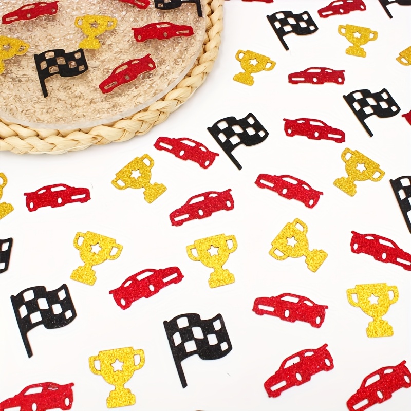 

100pcs Sparkling Racing Flag & Trophy Confetti - Vibrant Red, Yellow, Black & Golden Paper Decorations For Birthday Parties & Car-themed Celebrations, Athletic Theme, Confetti