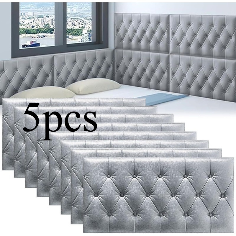 5pcs 3d bedroom wall pad set self   headboard and wall protector panels peel and stick bedroom decorative wall pads anti collision gray wall panels plastic material
