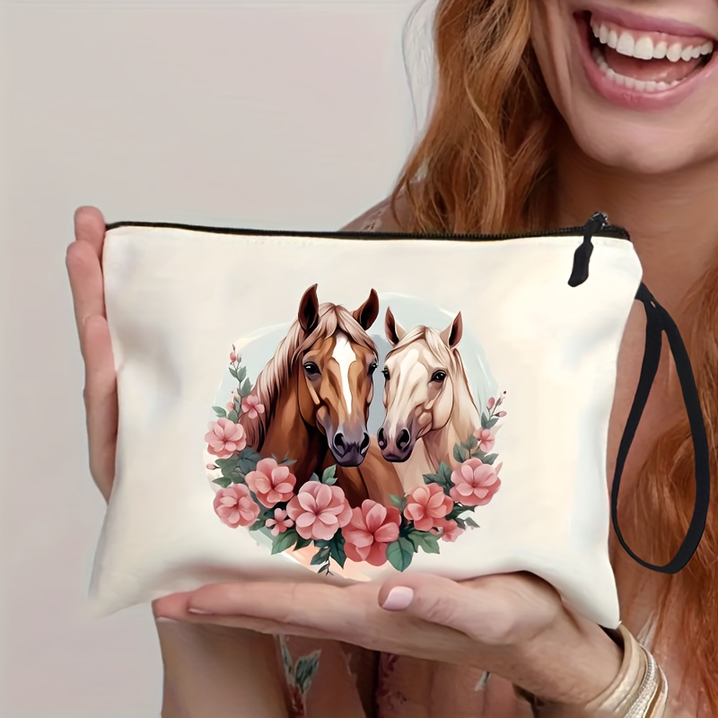 

Toiletry Bags With Flowers & Horse Printed For Women Girls, Lightweight, Portable Storage Bags With Top Single Handle Strap For Vacation