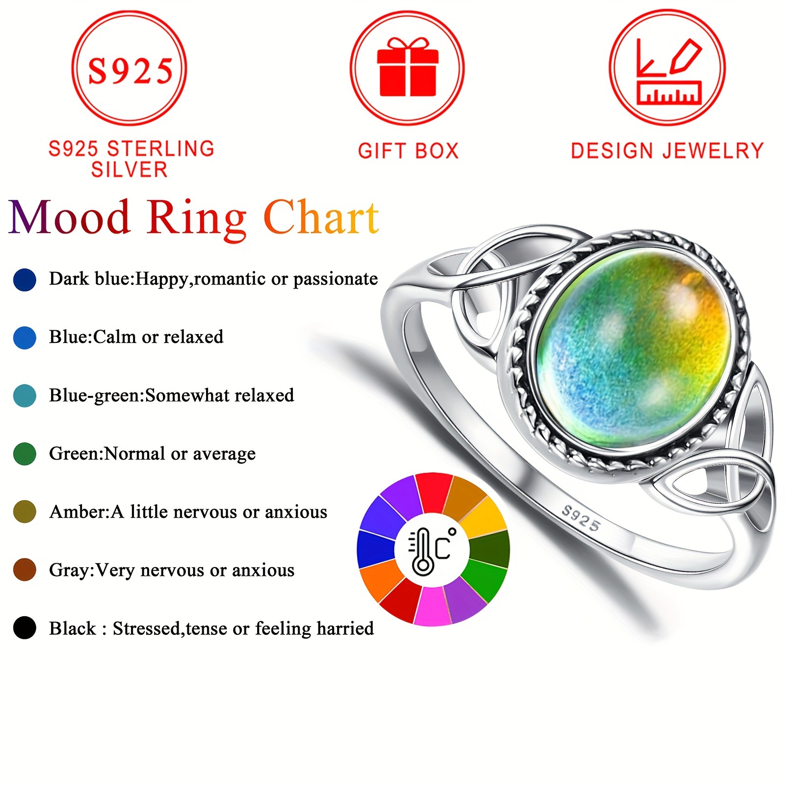 Vintage Oval Mood Ring with Celtic Knot - S925 Silver