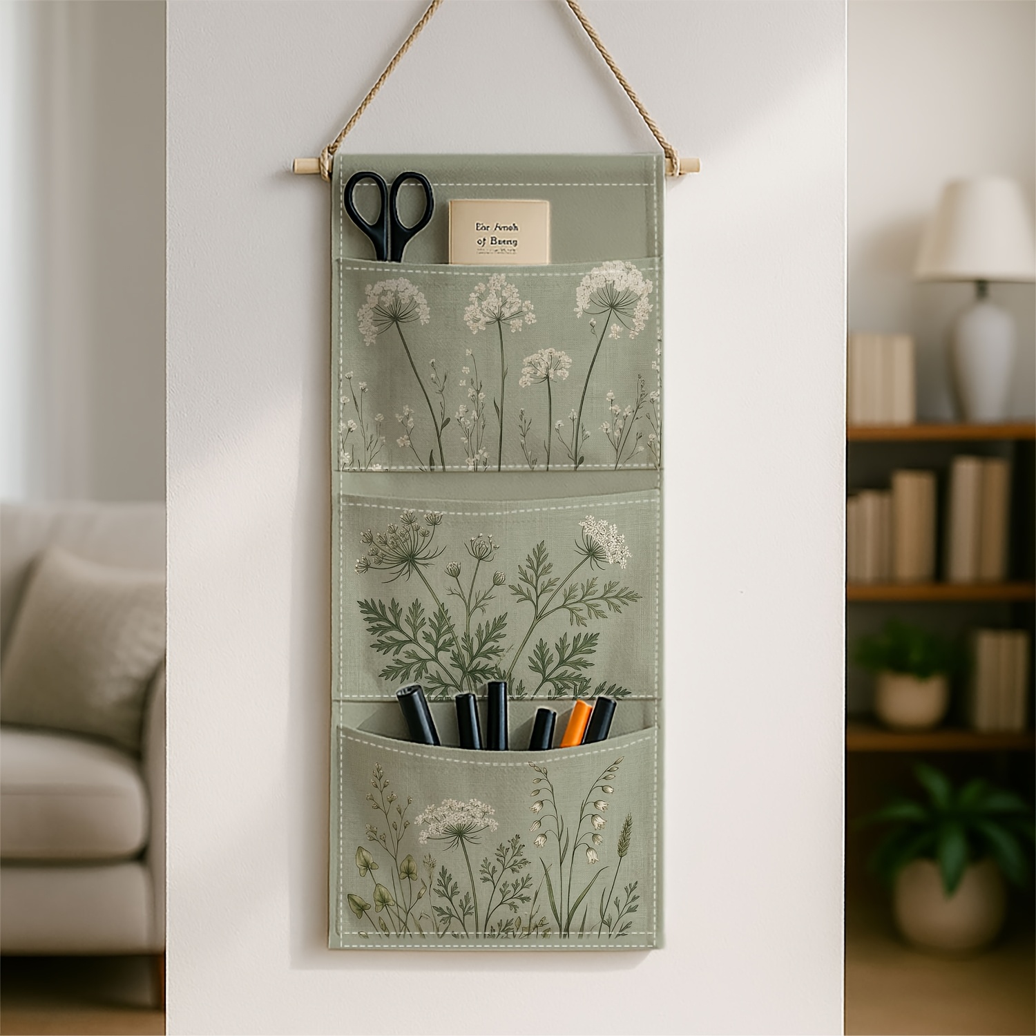 TEMU 1pc 1pcs Vintage Botanical Wall-mounted Storage Bag With & Dandelion Design - 3-layer Hanging Suitable For Bedside, Behind Door Shelves, Fabric