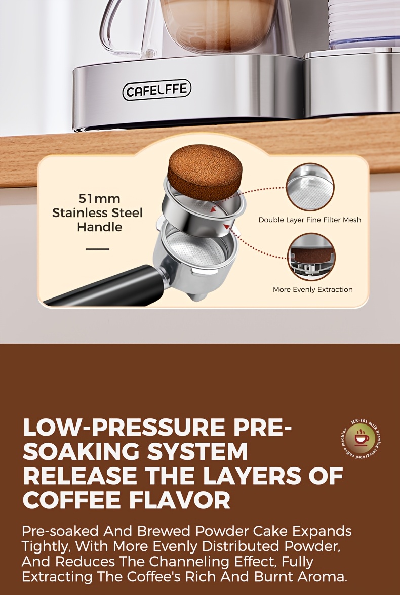 CAFELFFE Semi-Automatic Espresso Machine MK801 with Automatic Milk Frothing System, One-Touch Operation for Espresso, Latte & Cappuccino, 20BAR High Pressure, 1.3L Water Tank & 0.7L Milk Tank, Self-Cleaning Function, 1350W Power, 220-240V, Italian Semi-Automatic Coffee Maker with Digital Display & Temperature Control, Compact Design for Home & Office Use, Ideal for Coffee Lovers & Small Businesses, Cappuccino Machine, Latte Brewing, Modern Espresso, Sleek Coffee Maker, Durable, Coffee