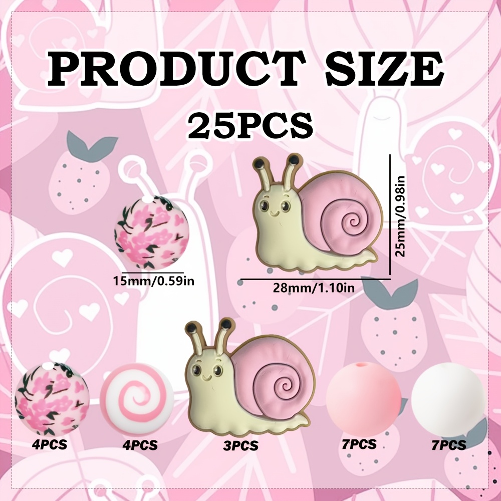 Image of 25pcs Silicone Beads Loose Beads Pink Snail Element, Animal Theme Silicone Bead Set, Round Beads With Floral Circle Print Design, Suitable For Jewelry Decoration Bead Additions