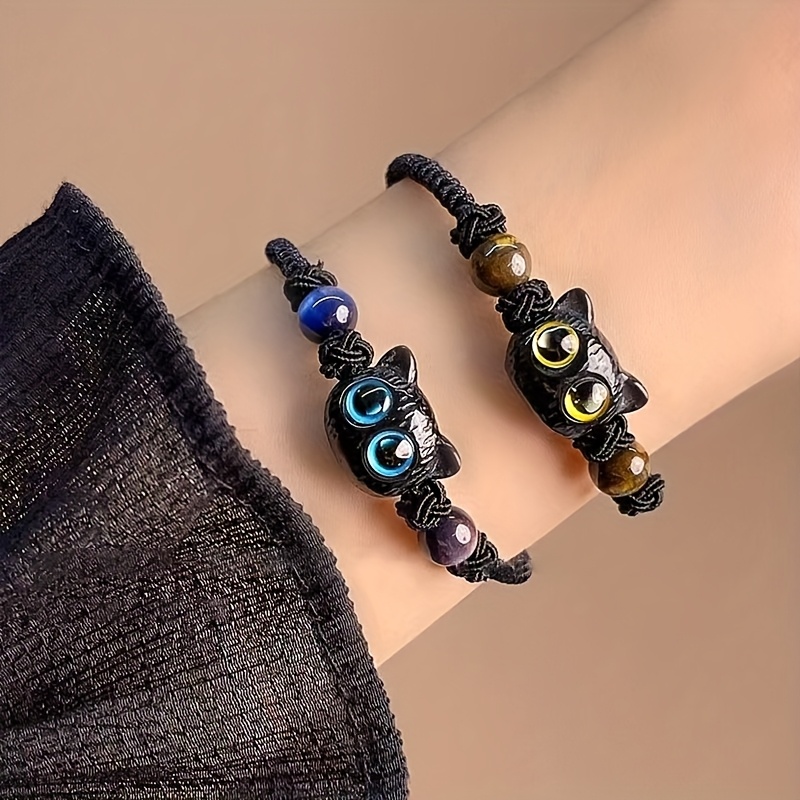 Vintage Cat Charm Bracelets with Glowing Eyes & Stones