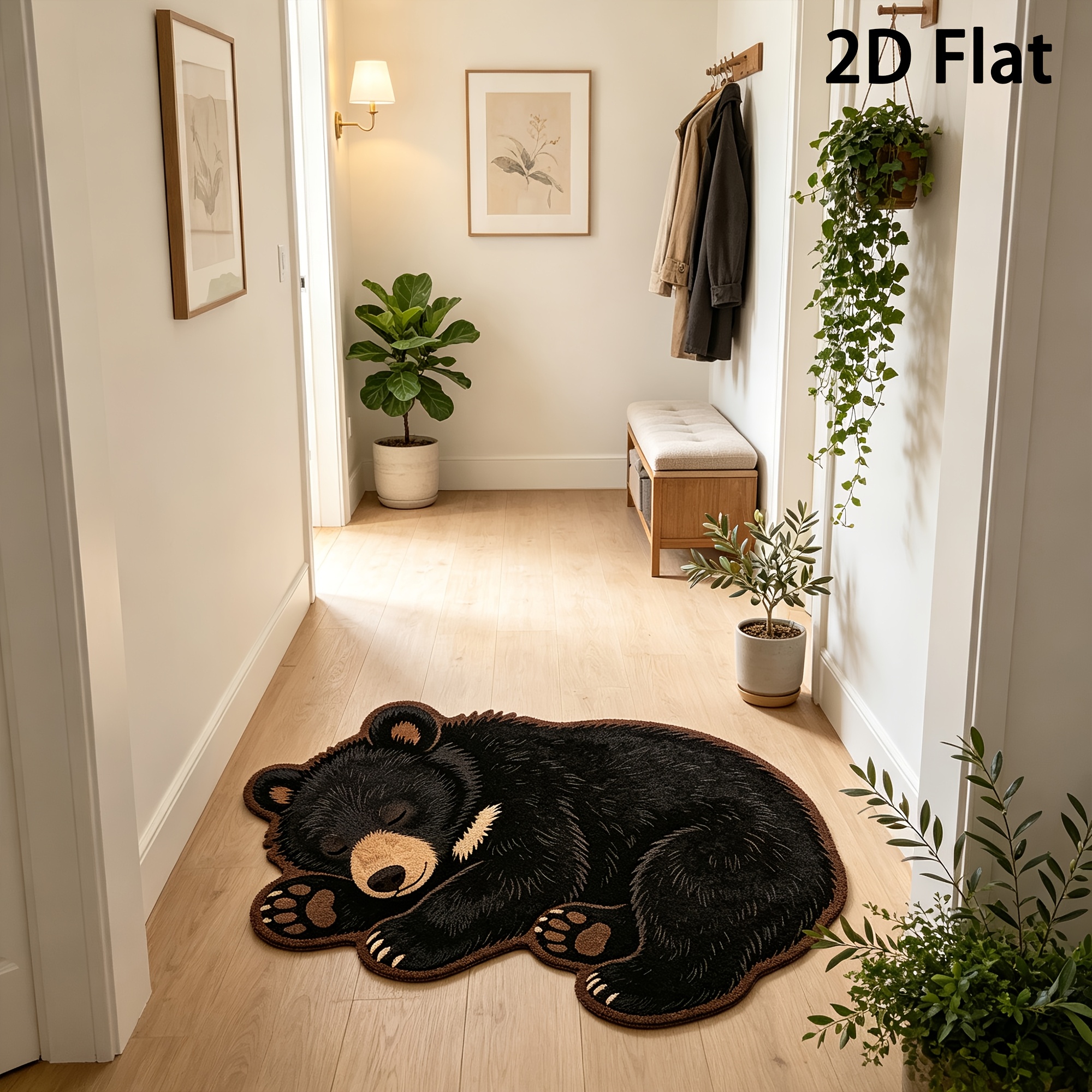 TEMU 1pc Velvet 850g/㎡ 9mm Black Shaped Rug, Soft Washable Floor Mat, 2d Flat Printed Black Bear Wildlife Decorative Carpet, Suitable For Bedroom,