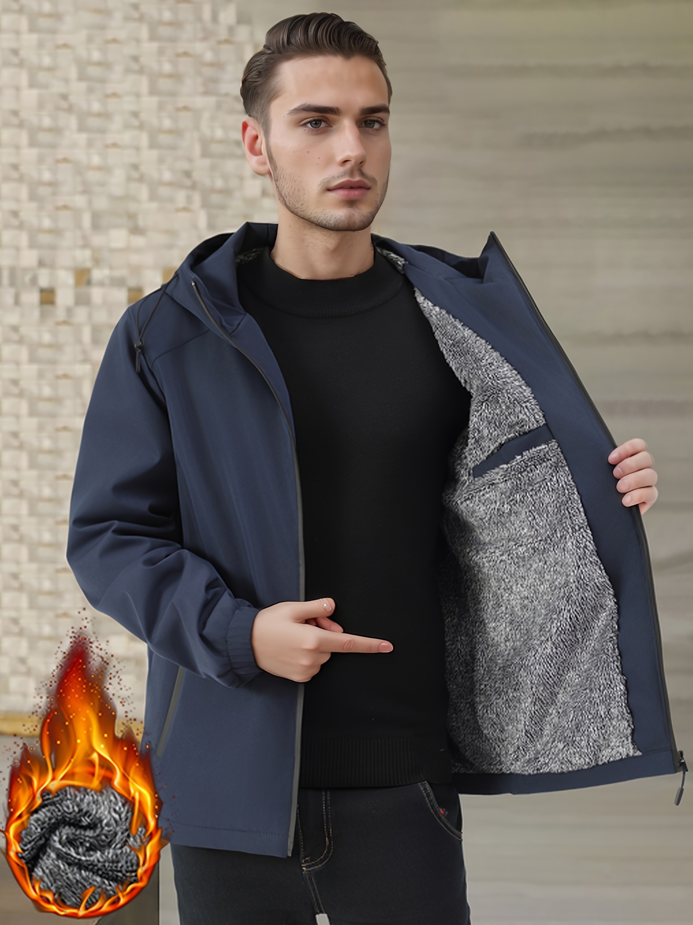 new winter mens casual windproof jacket thin fleece lined Temu