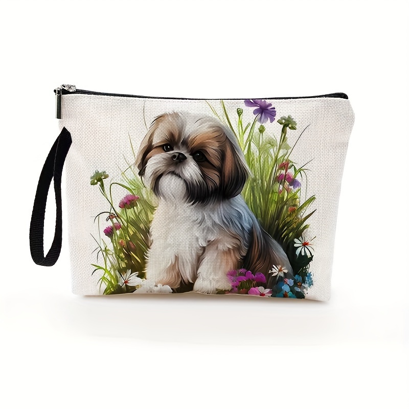 TEMU 1pc Ladies Makeup Bag, Pet Dog And Flowers Design Makeup Bag, Polyester Material, Very Suitable For Outdoor Holiday Travel And Daily Use Of Zipper Bag, For Pet Dog Lovers