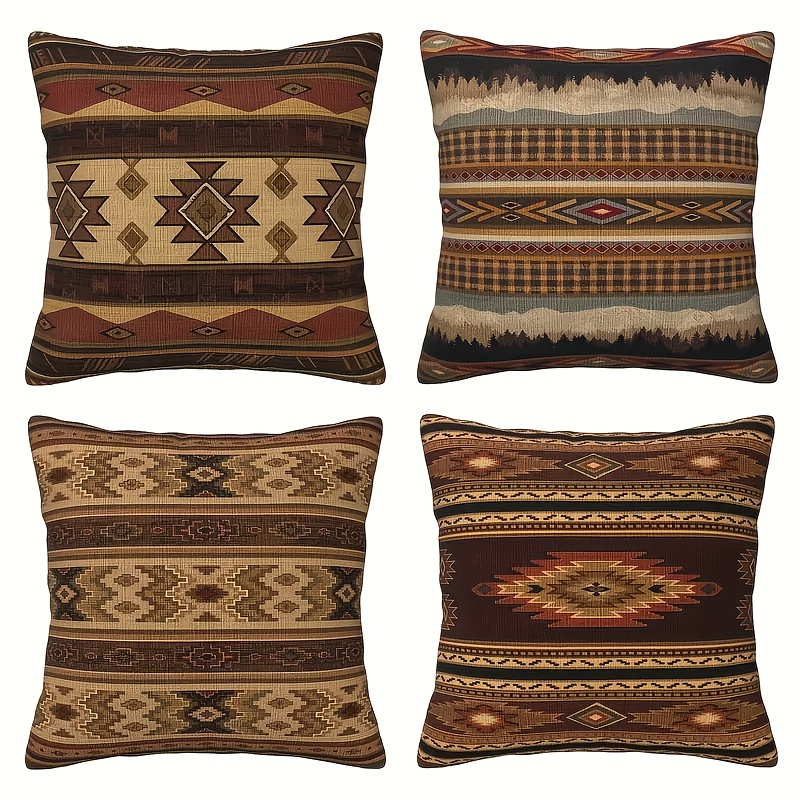 TEMU 4pcs Printed Square Blend Pillowcases, Abstract Geometric Ethnic Decorative Cushion Covers, Suitable For Sofa, Bed, And Car Decor, Modern Room