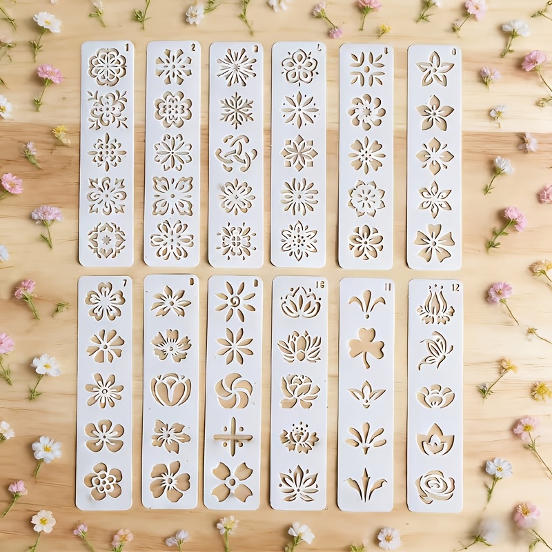 TEMU 12pcs Set Of Floral-themed Hollow Painting Templates, Each Piece With Numbered (1-12) For Easy Identification And Storage, Size 3cm X 13cm -