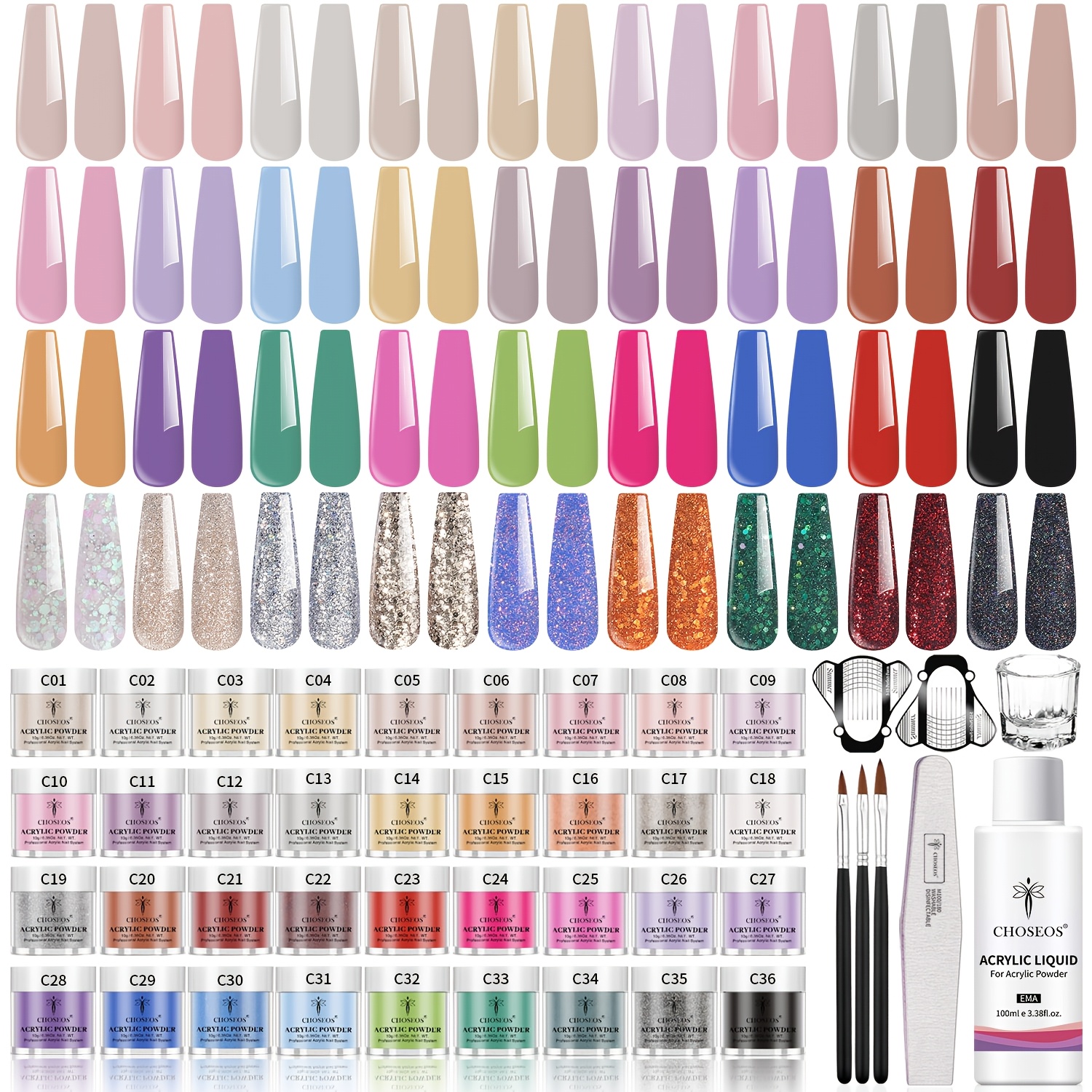 Image of Professional Nail Art Supplies: 36 X 0. Nail Acrylic Powders, 3.38fl.oz Quick-dry Acrylic Liquid, 25 Tools For Salon-quality Manicure, Chip-resistant & Non-toxic