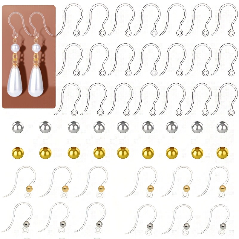 

100pcs/50pairs Silicone Fishing Line Ear Hook + 100pcs Golden 100pcs Silvery 4mm Round Beads, For Handmade Jewelry Making Accessories