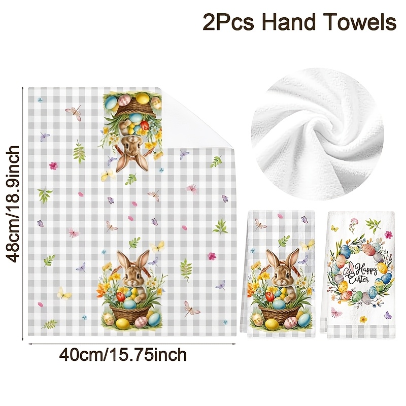 E-shop 2 Stück Osterhasen Küchenhandtücher, 40x48 cm -Eier & Blumen Geschirrtücher, Weiche Saugfähige Mikrofaser Handtücher, Fröhliche