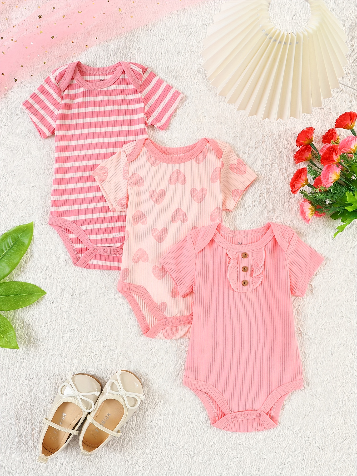 3pcs Summer New Baby Girl Outfit Set, Cute Romper with Ruffle Sleeves and  Matching Hat, Short Sleeve Bodysuit for Outdoor Wear, Sp