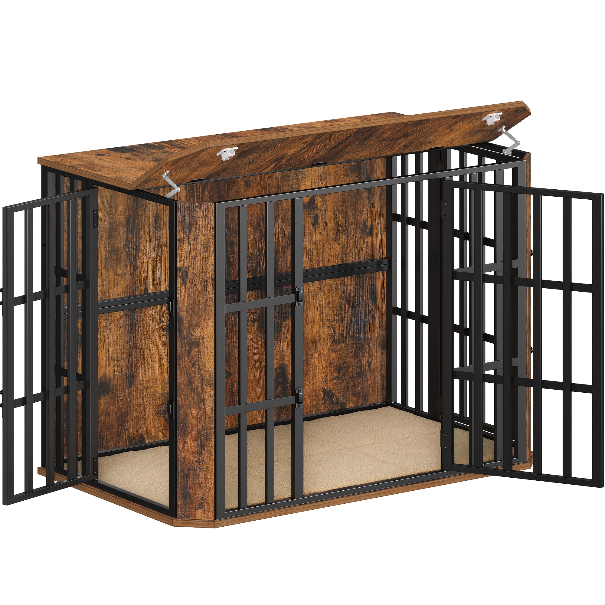 Dog Cage Furniture, Heavy Duty Wooden Dog Box For Indoor Use With Food Door Top, Multi-door Design, Large Dog Cage Side Table, 108 X 77cm