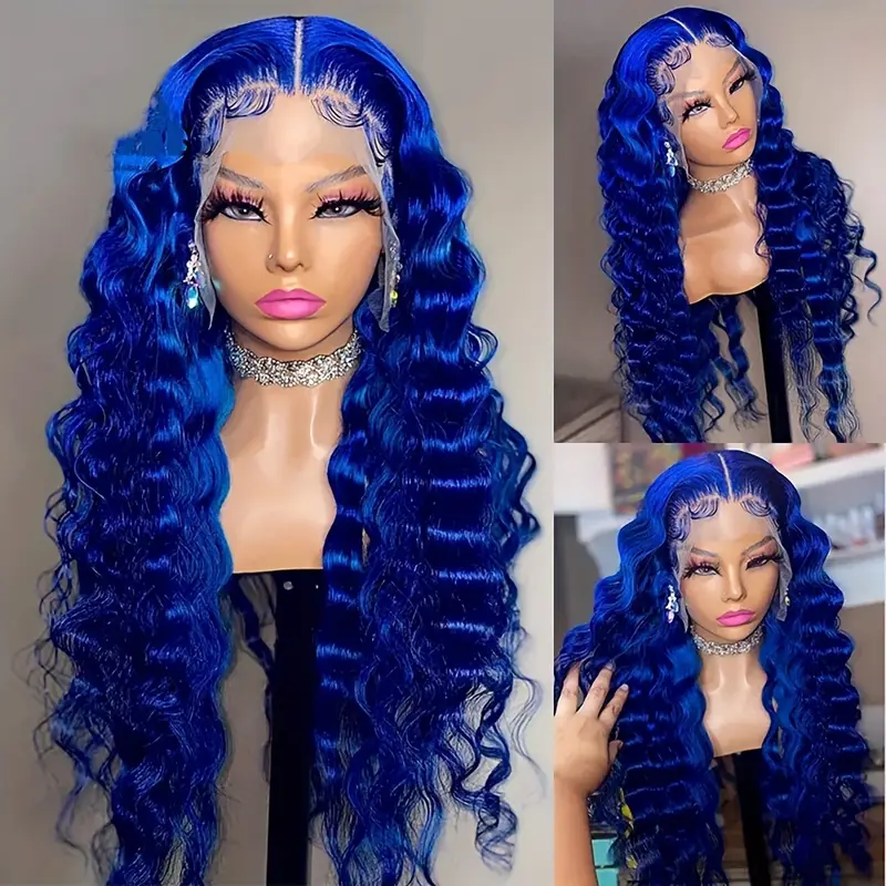13x4 wave lace front wigs dark blue water wave wigs long curly hair glueless wig 180 density synthetic wigs middle part heat resistant synthetic lace front wigs for women daily party use 28 inch colored wig details 3