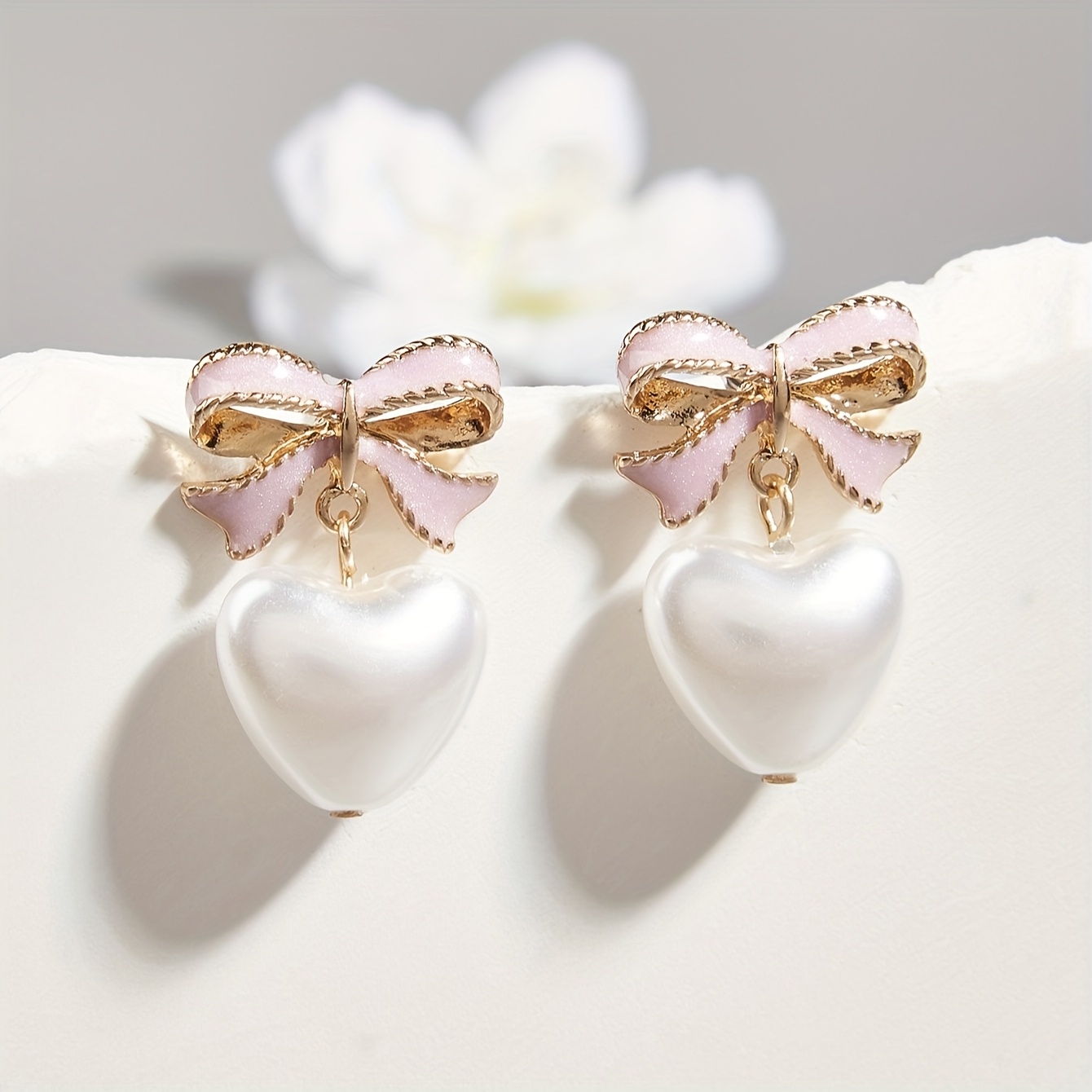 

1 Pair Cute Pink Bowknot & Heart-shaped Pearl Drop Earrings, 14k Golden Plated, Stainless Steel Post, Non-feather, For Daily & Gift , Valentine's Day Suitable, Jewelry