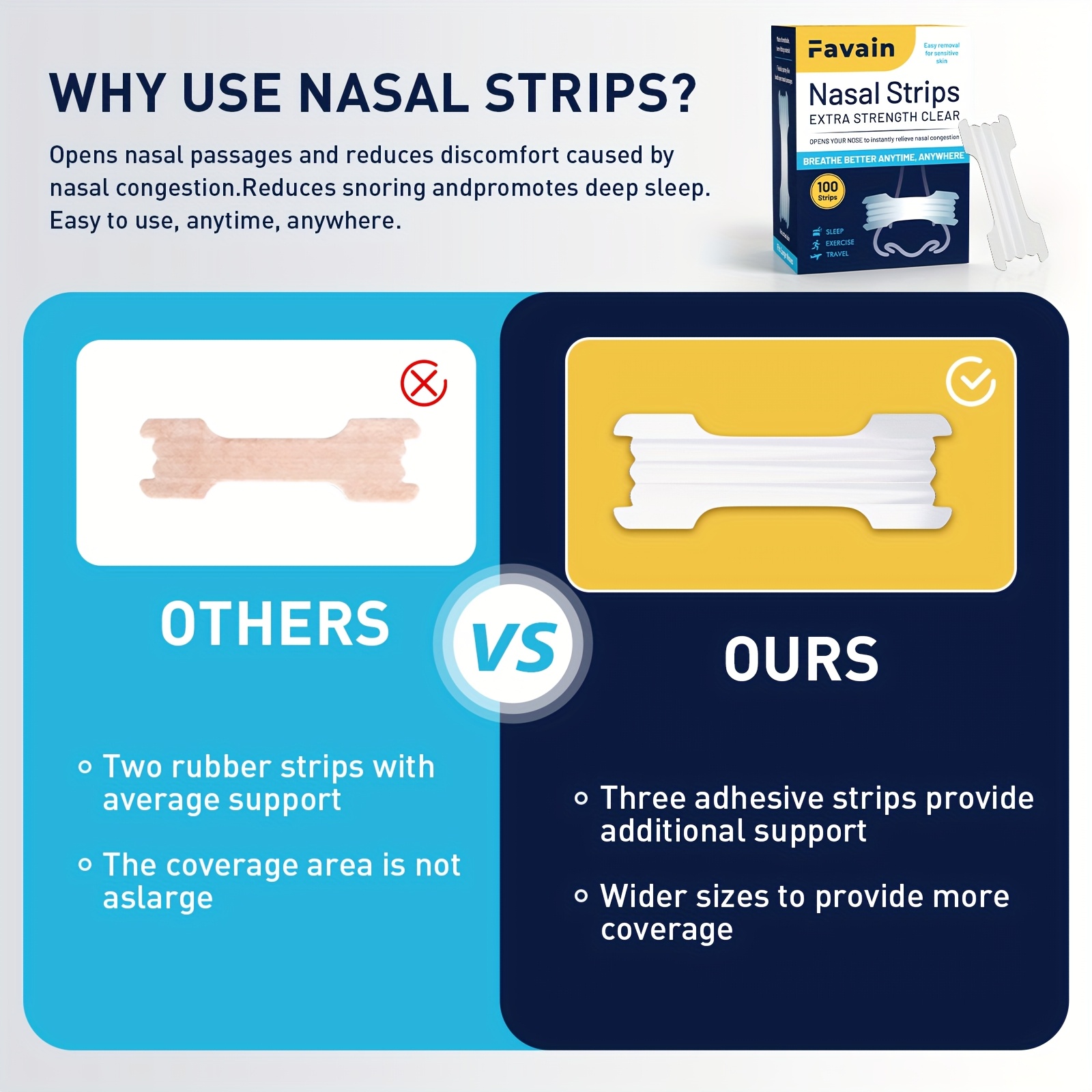 Favain 100pcs Non-Drug Snore Free Nasal Strips - Increased Airflow, Drug-Free Sleep Aid, Anti-Snoring Solution for Sleep Apnea & Health-Conscious Individuals, Christmas Gift Idea, Sleep Aid, Natural Sleep Aid, Easy Application