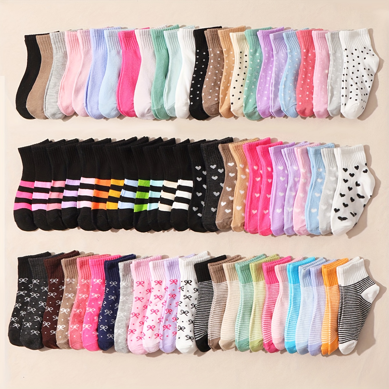Image of 12 Pairs Girls' Random Solid Color Heart Bowknot Polka Dot Stripe Casual Elastic Mid-calf Socks