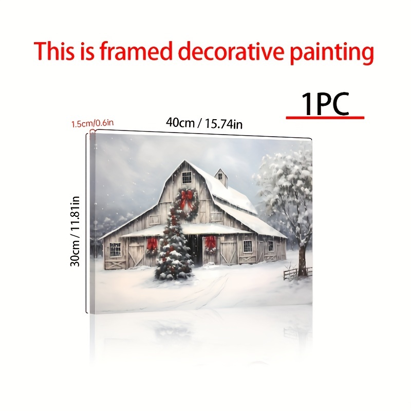 TEMU Print Painting 1pc Barn Christmas Canvas Wall Art, Festive Winter Scene With Snow And Tree, Polyester Fiber Material, Ideal For Bedroom, Living