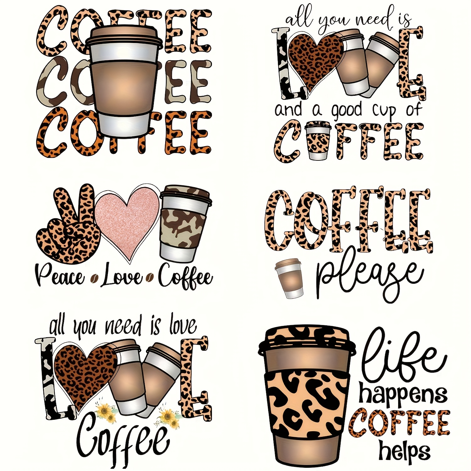 

6pcs Coffee-themed Heat Transfer Vinyl Decals Set, Mixed Color, Diy Fashion, Iron-on Patches For Custom T-shirts & Bags, Easy-to-use, Assorted & Inspirational