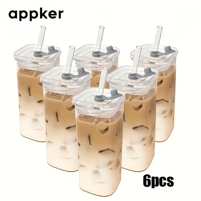 Image of 4/6pcs, Square Cylindrical Glass With Lid And Straw, Glass Travel Mug, - Durable, Reusable, Heat-resistant, Suitable For All Kinds Of Drinks - No