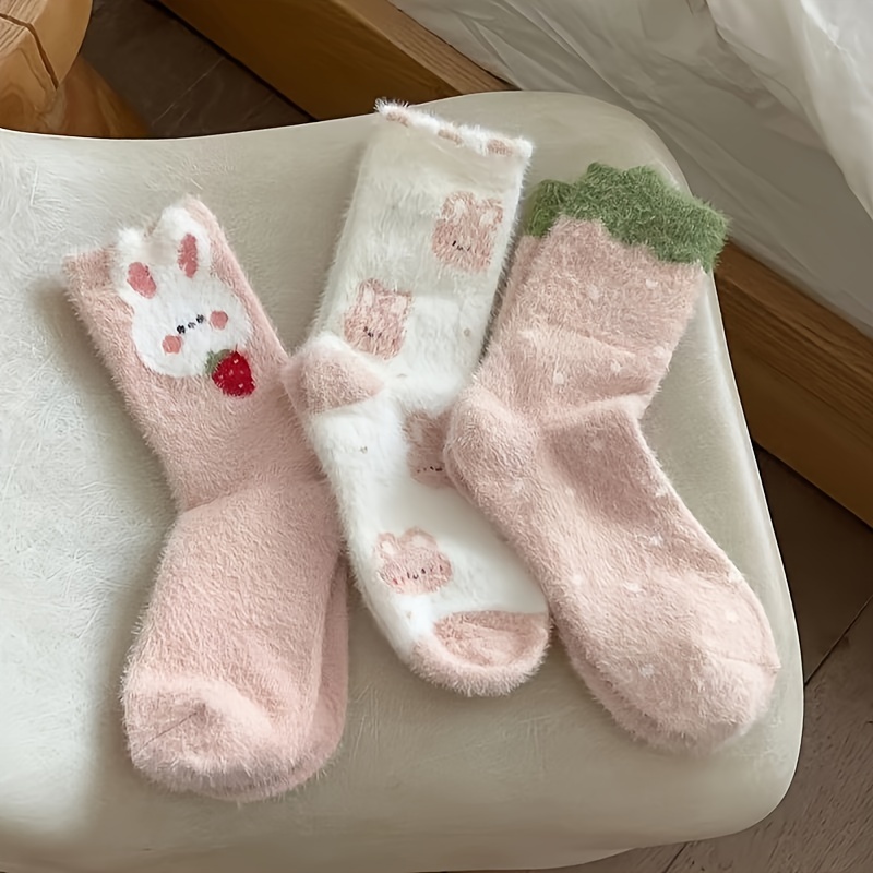 

3pcs Cozy Fleece-lined Socks For Women - Cute Cartoon Design, & Warm Mid-calf Length, Sleeping & Home Use