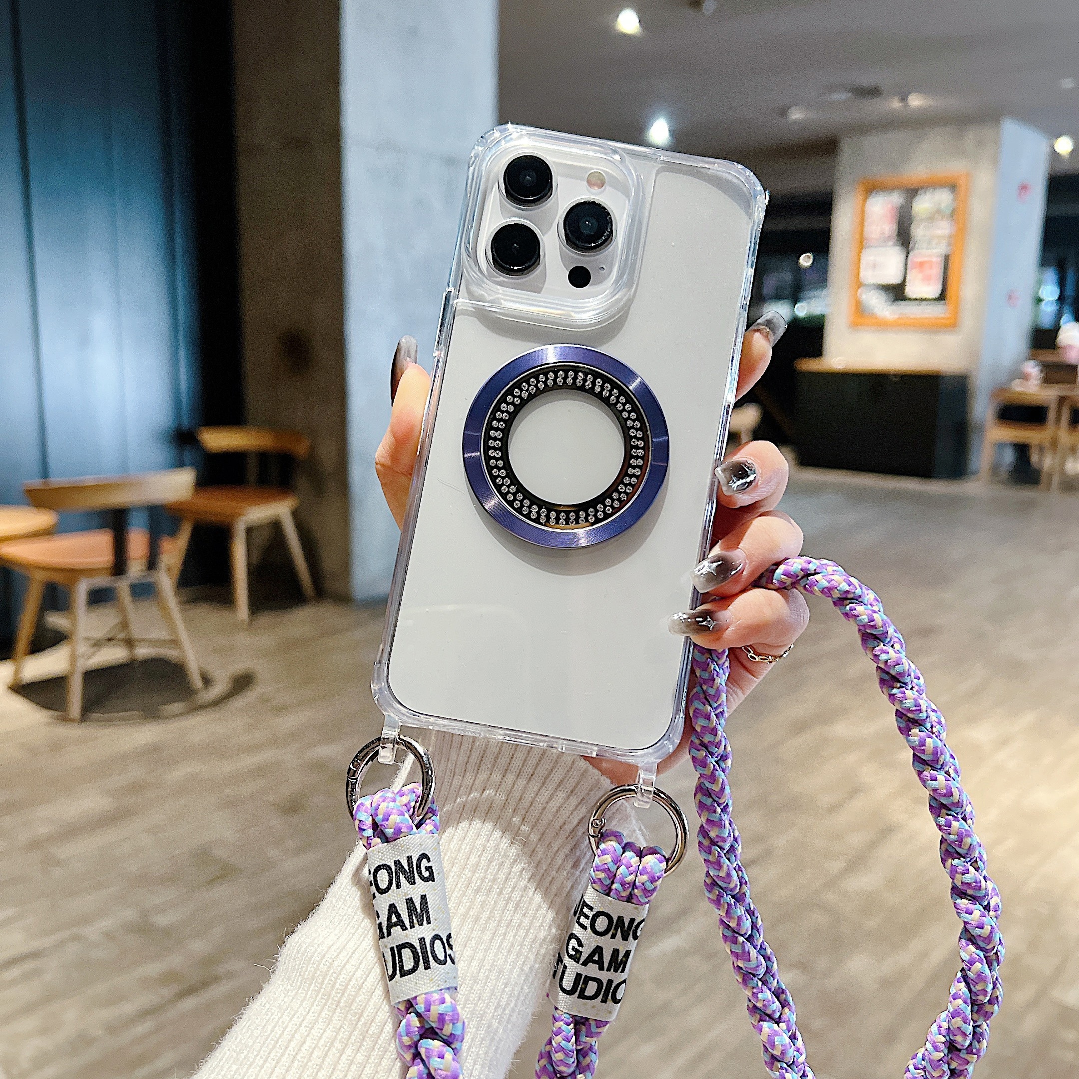 TEMU Phone Case: Acrylic 1pc Case With Simple Magnetic Four-corner Drop Protection, Cd-pattern Rhinestone Embellishment, Luxury Women's Crossbody