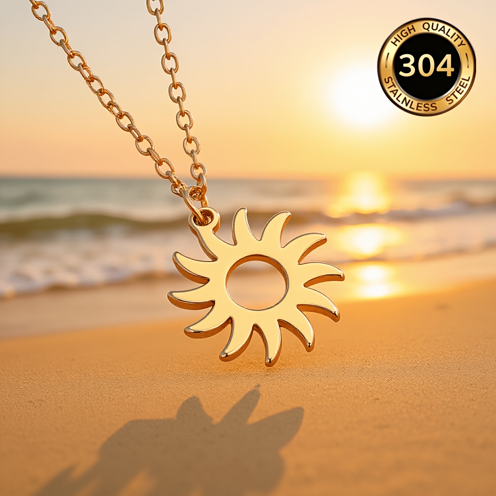Image of A Easy And Elegant Golden Hollow Sun Necklace, Stainless Steel, Luxury Niche High-end Clavicle Chain Necklace For Women, Fashion Additions For Daily Use