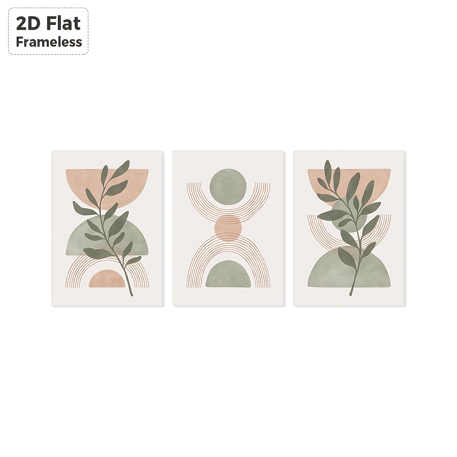 TEMU 2d Flat, 2d Flat, Frameless Posters, 3pcs Set Of Peach Green Boho Botanical Wall Art Prints, Sage Green Mid-century Print, Sage Poster, Natural