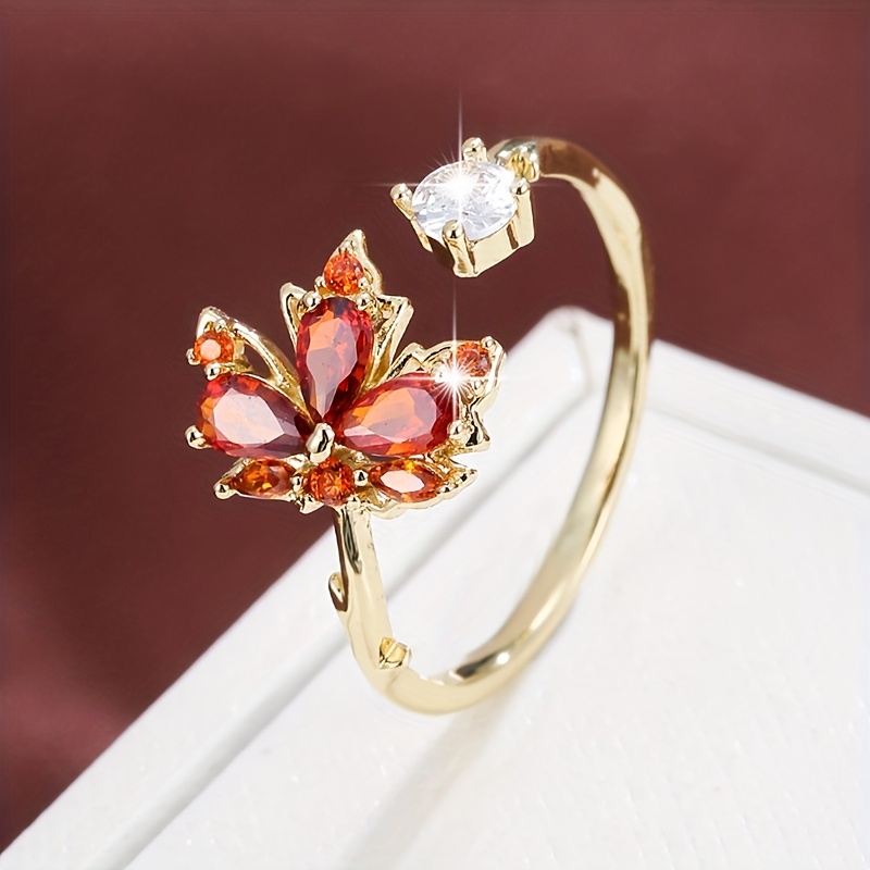 Image of 1pc Exquisite Maple Leaf Design Synthetic Zirconia Inlaid Adjustable Women's Ring